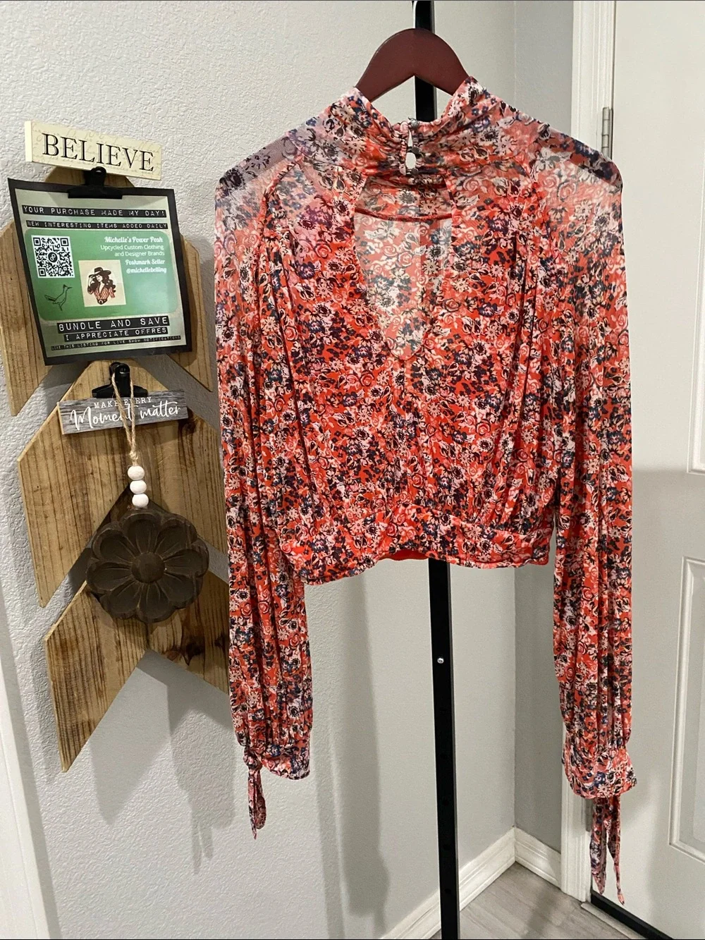 Free People All Dolled Up Floral Key Hole Mock Neck Blouse button closure